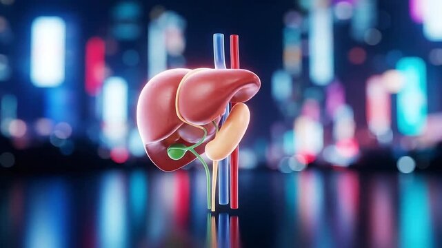 Highly detailed 3 D rendered human liver and gallbladder anatomy with vascular system and city