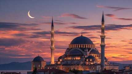 Obraz premium Mosque's dome and crescent moon shine over the mosque at sunset, a beautiful Islamic scene for Ramadan greetings.