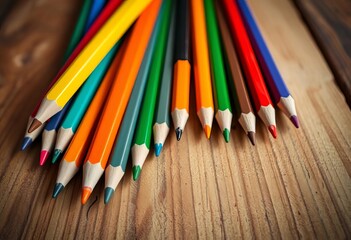 Fototapeta premium Vibrant colored pencils arranged artfully on a wooden surface, close up, wood