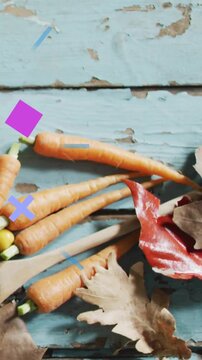 Vertical video: Camera panning, timed graphics popping near carrots and spoon, showing food for ads