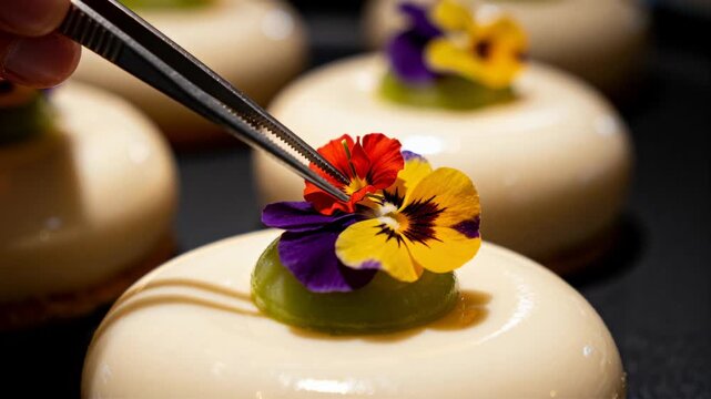 Vertical video: Guiding tweezers from top-left, chef placing red bud in pansy on mousse in kitchen