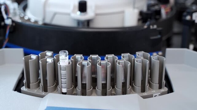 Laboratory technician loading a barcoded blood sample into an automated clinical chemistry analyzer for testing