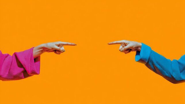 Two Hands Pointing at Each Other on Bright Orange Background, Communication and Conflict Concept
