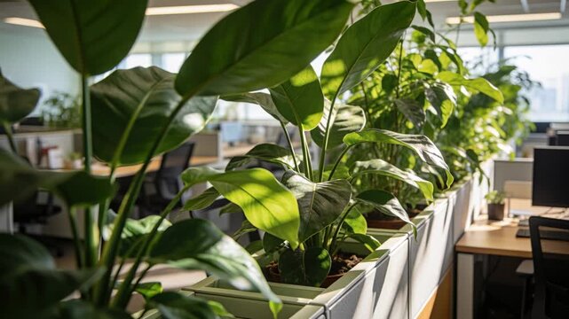 Panning camera revealing green plants in white planters across office desks, showing divider