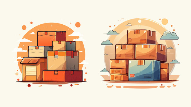 Illustrations of stacked boxes, representing logistics, shipping, and storage with a warm, inviting aesthetic