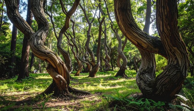 Enchanting twisted trees create a magical forest landscape.