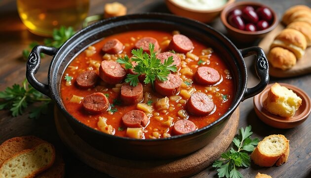 Hearty Serbian stew Kupus Klis served in black pot with sliced sausage and fresh parsley garnish. Accompanied by crusty bread olives and creamy dip on rustic table.
