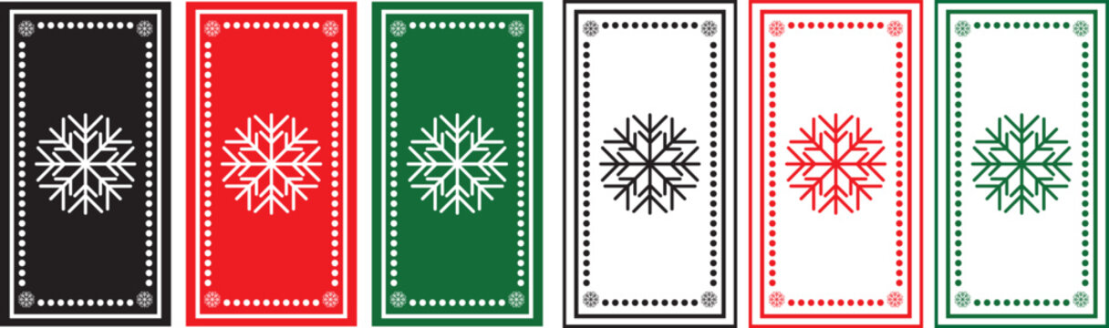 Vibrant red and green holiday greeting cards with elegant snowflake designs, perfect for winter season celebrations and festive decorations. Winter holiday decorative border featuring stylized black l