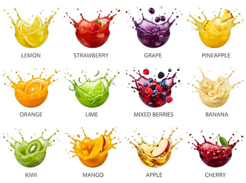 Fruit juice splash variety including lemon strawberry grape pineapple orange lime and banana.