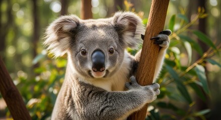 Fototapeta premium Close up portrait of a koala clinging to a eucalyptus tree branch