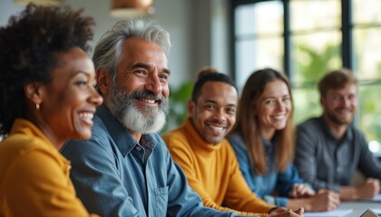 Fototapeta premium Diverse group of smiling professionals sits at table during indoor meeting. People collaborate, share ideas, listen intently. They wear casual attire, showing positive team spirit.