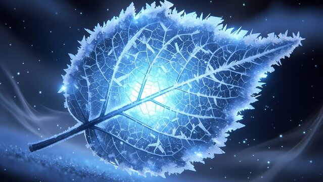Frozen Glowing Leaf in Winter Night &ndash; Frosty Blue Nature Background