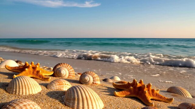 A collection of assorted sea shells and orange starfish lying on the golden sand with the turquoise ocean and white foamy waves under a clear blue sky in the background.