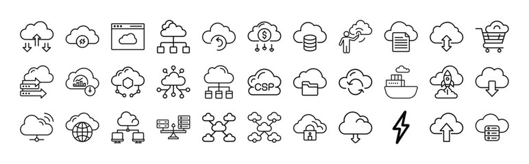 Obraz premium Cloud computing icons collection featuring various symbols for data transfer and storage