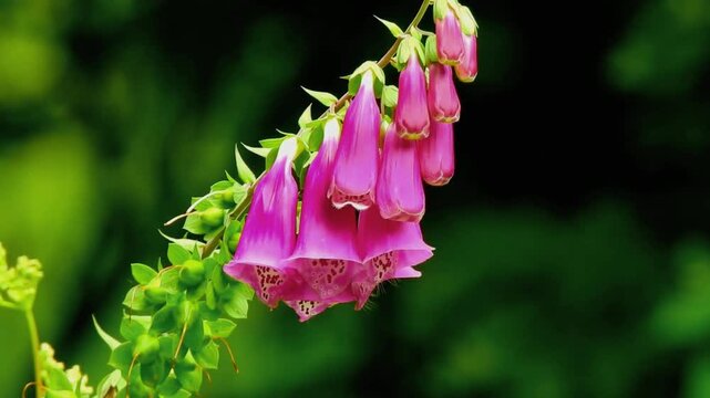 Bumblebee pollinating vibrant pink Foxglove flowers in a lush summer garden 4K.
