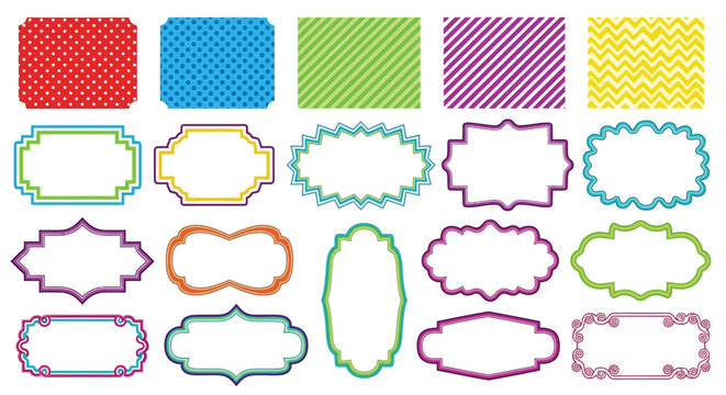 Colorful patterned labels and frames arranged in a grid formation
