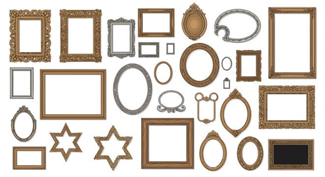 Collection of ornate and simple picture frames in varying shapes
