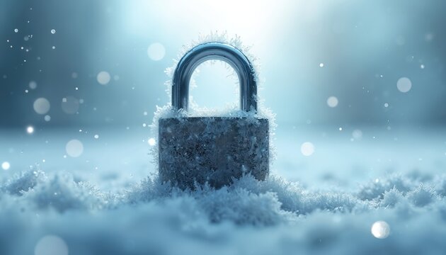 Frozen padlock covered in ice crystals sits in snowy landscape. Cold weather theme symbolizes data security privacy protection cyber defense concepts.