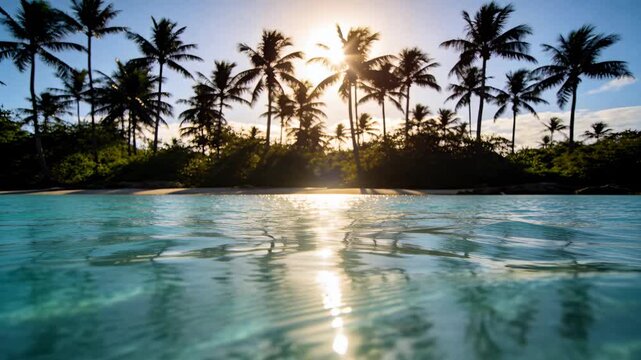 Shimmering shallow turquoise sea shifting sun glint at waterline, camera bobbing, palm trees