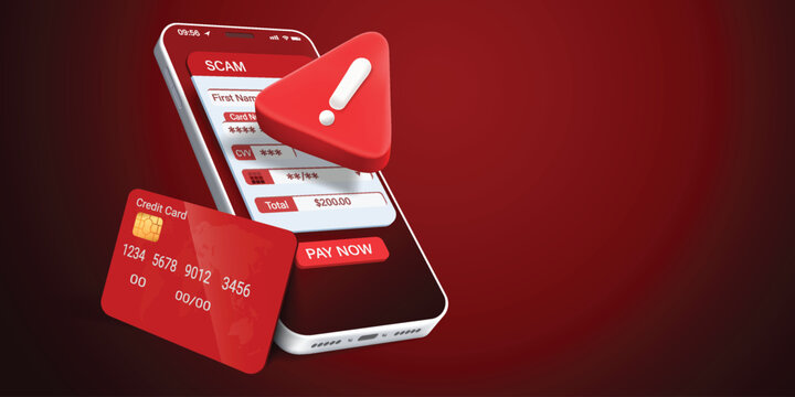 Cyber crime and financial fraud concept with 3D smartphone, credit card and human hand clicking pay now button on fake banking interface, phishing scam alert, online theft and security warning.