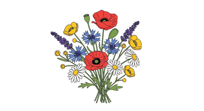 A colorful bouquet of wildflowers including poppies cornflowers and daisies