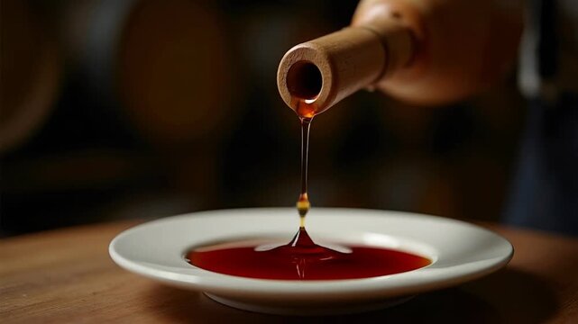 Aged balsamic vinegar dripping from wooden barrel spout onto white plate