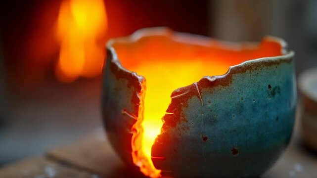 Macro shot of handmade ceramic glaze cracking in kiln fire revealing color layers