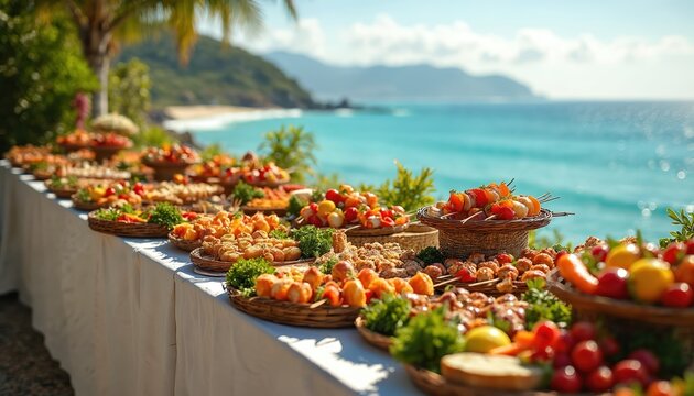 Outdoor buffet table set near ocean. Various dishes served on platters include grilled skewers, fresh salads and fried snacks. Beautiful coastal view with blue sky backdrop.