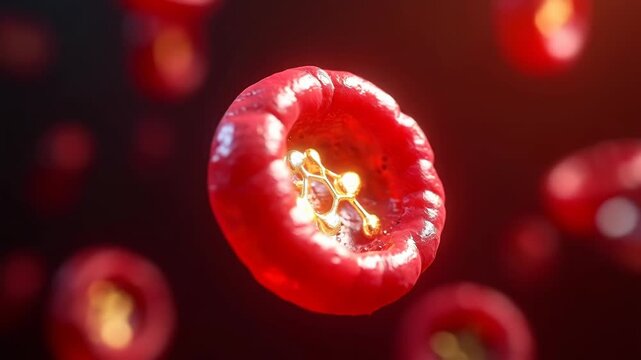 Macro shot of erythrocyte cross section revealing golden hemoglobin protein structure inside