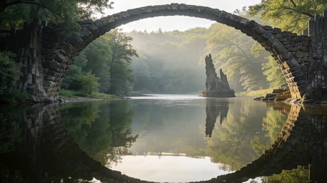 Framing arched bridge, camera capturing sun warming mist, thinning, revealing rock spire reflection
