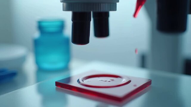 Fresh blood sample being applied to laboratory microscope glass slide, bright clinical lab background