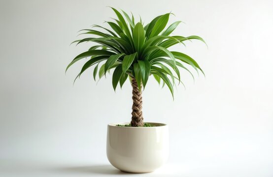 Small green pachira aquatica tree in white pot. Braided trunk, rich leaves grow indoors. Healthy plant, natural decor, simple background. Office or home plant.