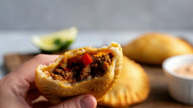 Hand holding half-eaten empanada filled with meat and vegetables