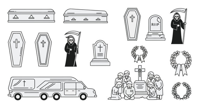 Collection of funeral related icons including coffins hearses and grim reapers