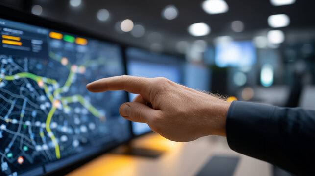 Close-up of a fleet management dashboard displayed on a large screen showing connected vehicle locations on a map, driver status indicators, fuel levels, and route optimization dat