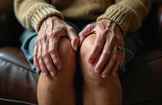 Elderly person feels knee pain. Old hands rest on painful joints. Woman experiences stiffness and swelling. Age related ache and discomfort.