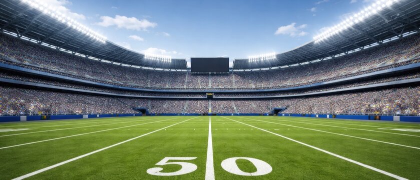 American football stadium field with yard line marking and full crowd under bright daylight. Concept of sports event, fan energy, professional competition, game day atmosphere.