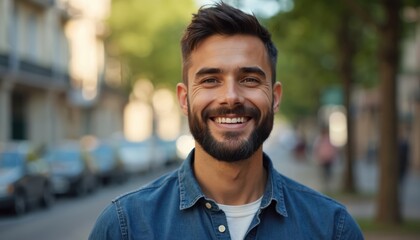 Fototapeta premium Young man with beard smiles broadly. He wears a denim shirt outdoors in city. Person looks happy and friendly. Casual portrait for lifestyle topics. He has short hair.