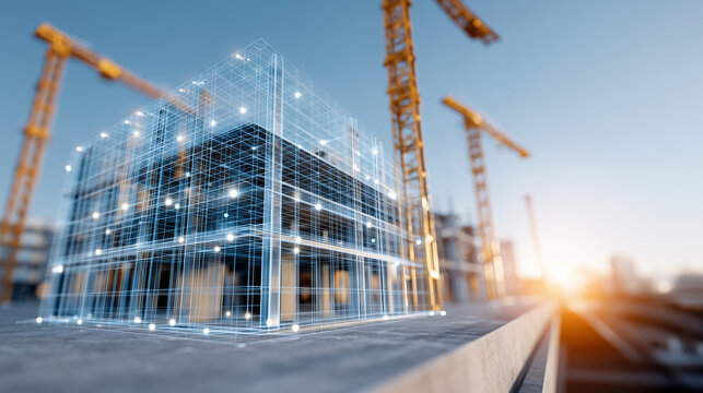 Close-up of an aerial drone construction site view with a digital 3D visualization overlay showing the finished building design superimposed on the active construction foundation,