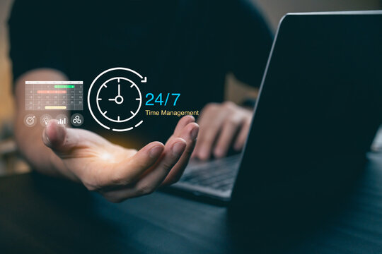 Hands Reaching Out for Effective Time Management with Digital Clock and Graph Icons Representing Productivity Analysis and Monitoring