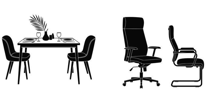 Dining and office furniture silhouette illustration, table and chairs artwork, office chair vector design, black and white minimalist style