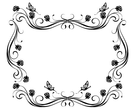 Floral ornament frame with butterflies and roses vintage decorative border. Graceful decorative element for decor and text greeting or invitation card design.