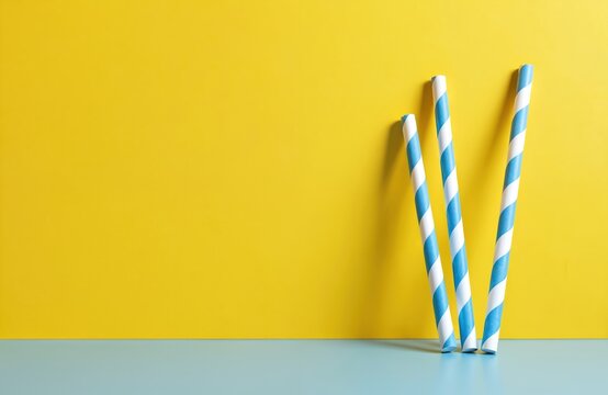 Three blue and white striped paper straws stand against a bright yellow wall and on a light blue surface. This image shows eco friendly alternatives for drinks.