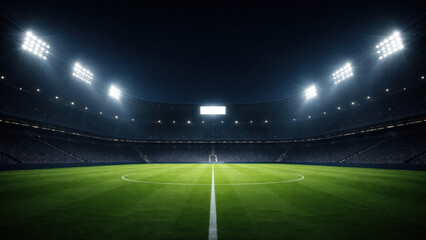 Night football stadium with bright lights and empty green field. Concept of professional sport venue, competition atmosphere, event background, dramatic lighting.