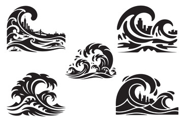 Fototapeta premium Stylized black silhouette wave patterns with abstract city skylines and bridges depicting coastal urban environments and ocean power