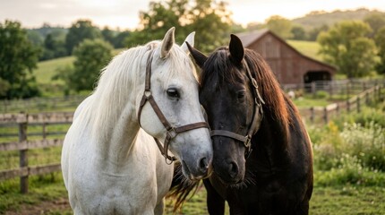 Obraz premium Beautiful horse couple portrait with one white and one black head close together, affectionate farm and equestrian mood, soft summer light, gentle companionship atmosphere, photorealistic fur