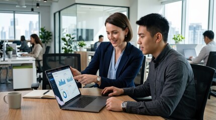 Obraz premium A female business professional assisting a male colleague using a laptop in an office, shared screen focus, smart attire, clean corporate environment, helpful teamwork mood, ultra-realistic, no logos.