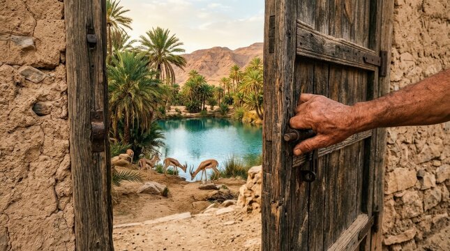 A hand opening an old wooden gate toward a desert oasis, gazelle near a lake beneath palm trees, warm sand tones and a sense of wonder beyond the doorway, ultra-realistic, no logos.