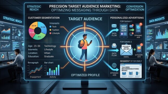 A target audience marketing concept with a human icon inside a crosshair, customer segmentation visuals and personalized advertising symbols, focused strategic atmosphere, ultra-realistic, no logos.