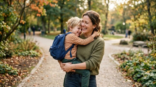 A happy mother carrying her son with a backpack in her arms, tender family embrace, casual clothing, soft daylight, affectionate everyday warmth, ultra-realistic, no logos.